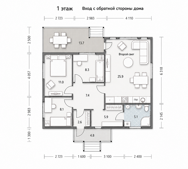 Проект одноэтажного дома из бруса «Береста»